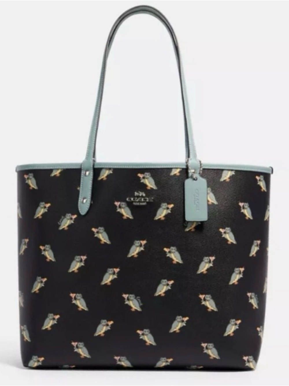 Coach Owl Martini on Signature Canvas Black and Blue Reversible Tote Rare